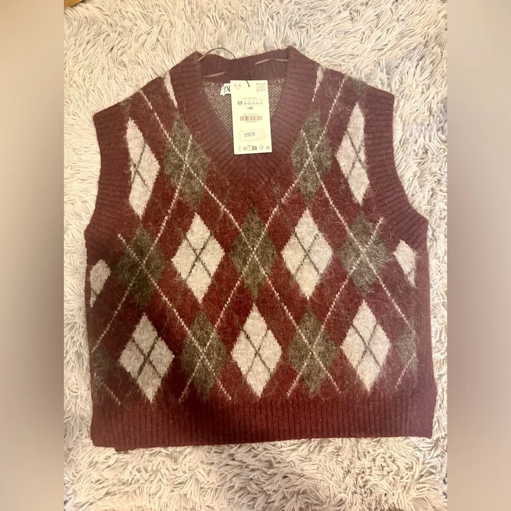 Zara Burgundy, Cream & Olive Argyle V-Neck Sweater Vest - Picture 2 of 5